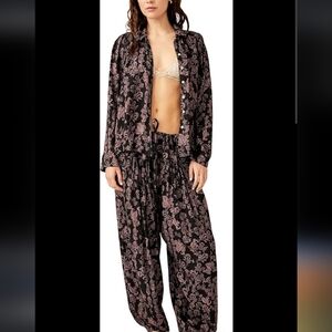 Free People Black and Pink Floral Satin Pajama Set